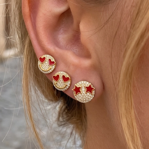 Hip Hop Smiley Face Ohrstecker 18K Vergoldetes Kupfer Mikropave Zirkonia Herz Stern Augen Emaille Schmuck Damen Herren