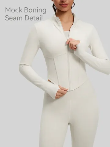 Women's Slim Fit Yoga Jacket Stand Collar Full Zipper Sports Running Top Nylon Spandex Long Sleeve Fitness Jacket With Thumbholes