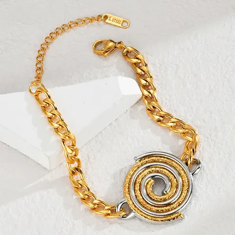 Stainless Steel Jewelry Set Chunky Cuban Chain Necklace And Bracelet Gold Silver Spiral Disc Pendant Hip Hop Style