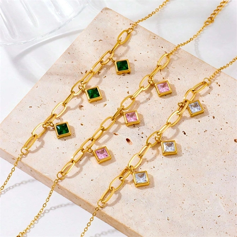 Fashion Copper Paperclip Chain Bracelet Featuring Colorful Square Rhinestone Pendants Representing Twelve Birthstones For Women