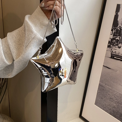 Acrylic Star Shaped Evening Bag For Women Shiny Mirror Finish Crossbody Clutch Bag With Gold Metal Chain Strap Party Handbag
