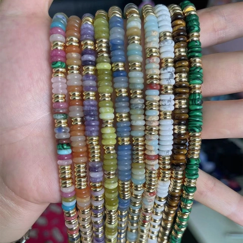 Collar y Pulsera de Cuentas de Piedra Natural Hechos a Mano para Mujer Choker Vintage de Acero Inoxidable Cuentas de Disco Joyería Boho