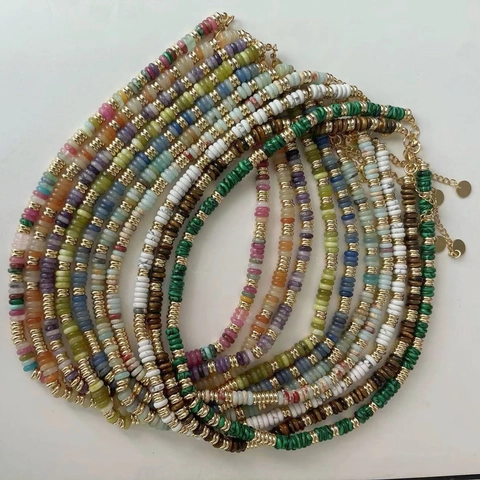 Collar y Pulsera de Cuentas de Piedra Natural Hechos a Mano para Mujer Choker Vintage de Acero Inoxidable Cuentas de Disco Joyería Boho