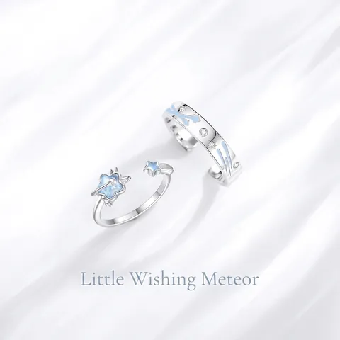 925 Sterling Silver Luminous Star Meteor Adjustable Open Rings For Couples Romantic Blue Enamel Jewelry Gift