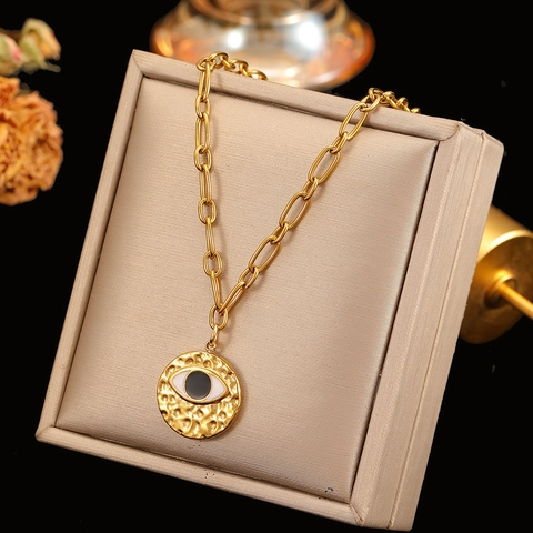Evil Eye Pendant Necklace Gold Plated 304 Stainless Steel Enamel Rhinestone Bohemian Retro Jewelry For Women
