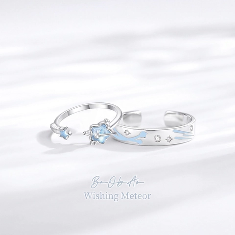 925 Sterling Silver Luminous Star Meteor Adjustable Open Rings For Couples Romantic Blue Enamel Jewelry Gift