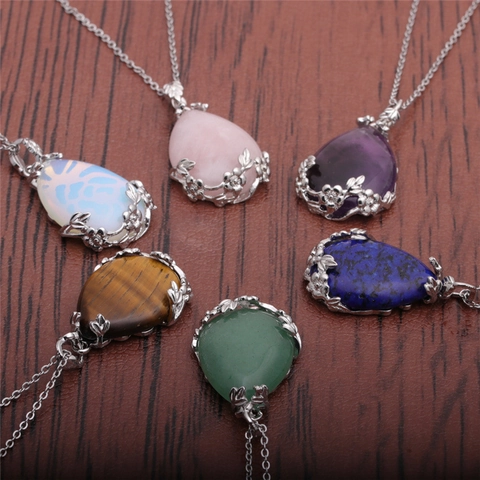 Teardrop Pendant Necklace Natural Stone Amethyst Rose Quartz With Hollow Flower Leaf Alloy Border Retro Jewelry For Women