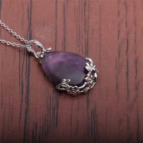 Teardrop Pendant Necklace Natural Stone Amethyst Rose Quartz With Hollow Flower Leaf Alloy Border Retro Jewelry For Women