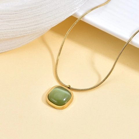 Green Cat's Eye Square Pendant Necklace 18K Gold Plated Stainless Steel Snake Chain Bohemian Minimalist Women Jewelry
