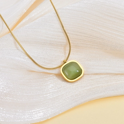 Green Cat's Eye Square Pendant Necklace 18K Gold Plated Stainless Steel Snake Chain Bohemian Minimalist Women Jewelry