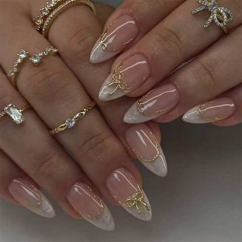 French Almond Press On Nails With Gold Bow 3D Decoration Marble Pattern Pink White False Nails For Women DIY Nail Art