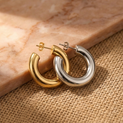 Chunky C Shape Hoop Earrings Titanium Stainless Steel 14K Gold Plated Mirror Polished Minimalist Geometric Jewelry Women