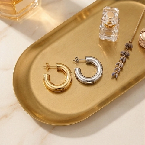 Chunky C Shape Hoop Earrings Titanium Stainless Steel 14K Gold Plated Mirror Polished Minimalist Geometric Jewelry Women