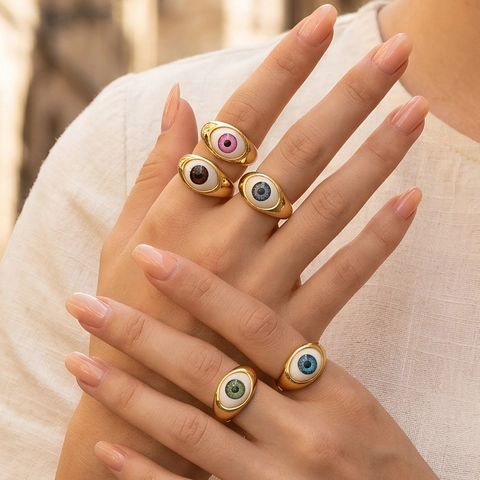 Ρυθμιζόμενο Δαχτυλίδι Evil Eye Από Επίχρυσο Χαλκό 18K Ρητίνη Πολύχρωμο Μάτι Μόδα Γοτθικό Κόσμημα Γυναικείο