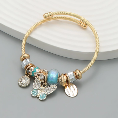 Butterfly Charm Rhinestone Beaded Open Cuff Bangle Alloy Glass Crystal Fashion Korean Style Women Jewelry