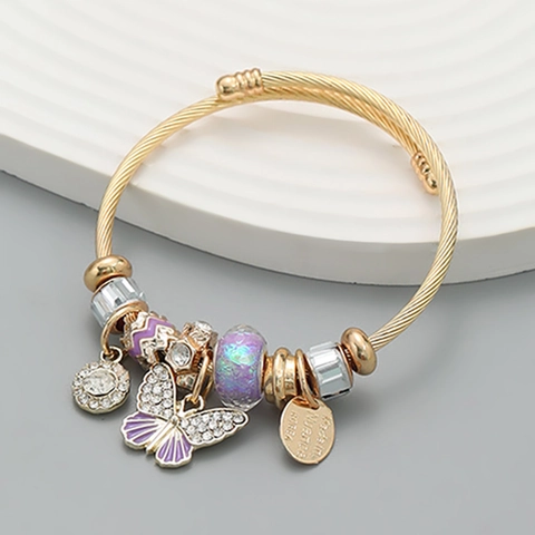 Butterfly Charm Rhinestone Beaded Open Cuff Bangle Alloy Glass Crystal Fashion Korean Style Women Jewelry
