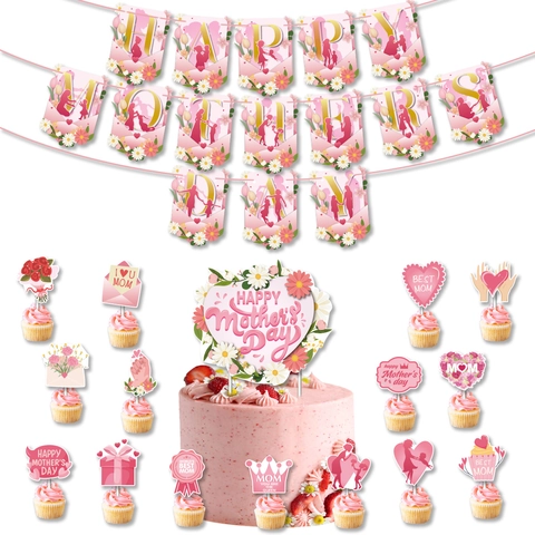 Muttertag Partydekoration Rosa Blume Happy Mother's Day Banner Best Mom Ever Tortenaufsatz Party Deko Zubehör