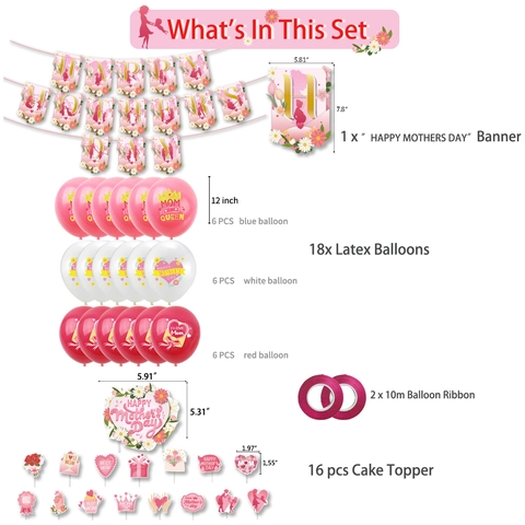 Mother's Day Decoration Latex Balloons Cardboard Banner Cake Toppers Best Mom Ever Party Supplies Pink Floral Theme