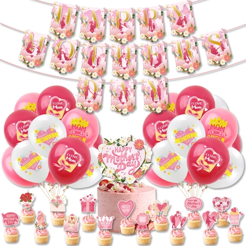 Mother's Day Decoration Latex Balloons Cardboard Banner Cake Toppers Best Mom Ever Party Supplies Pink Floral Theme