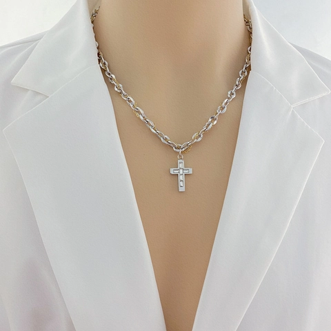 Cross Pendant Necklace Two Tone Spliced Chain Inlaid Zircon Titanium Stainless Steel Niche Design Unisex Jewelry