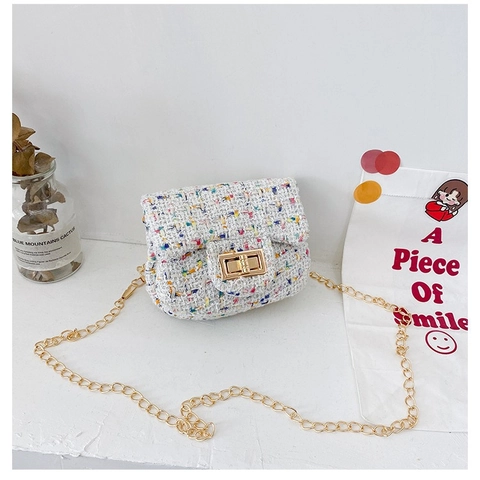 Kids Mini Crossbody Bag Tweed Woven Metal Chain Shoulder Purse Toddler Girls Princess Cute Fashion Turn Lock