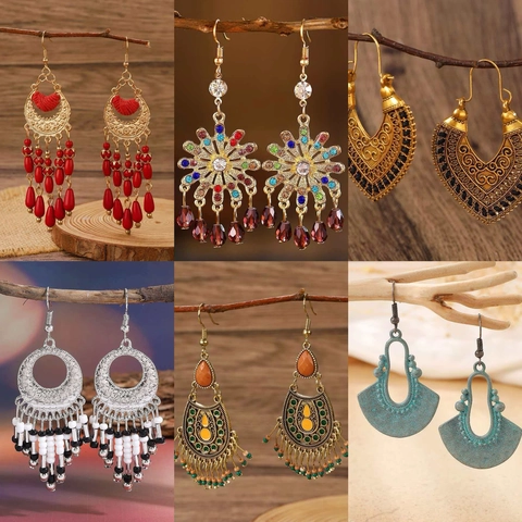 Bohemian Vintage Alloy Long Drop Earrings For Women Ethnic Hollow Carved Flower Colorful Tassel Dangle Party Jewelry