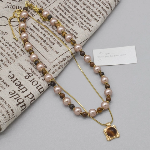 Tiger Eye Stone Imitation Artificial Pearl Zircon Double Layered Necklace Retro French Square Pendant Light Luxury Jewelry Women