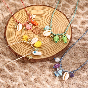 Handmade Woven Rope Necklace For Women Bohemian Dopamine Ceramic Fish Ocean Pendant Adjustable Summer Beach Christmas Jewelry
