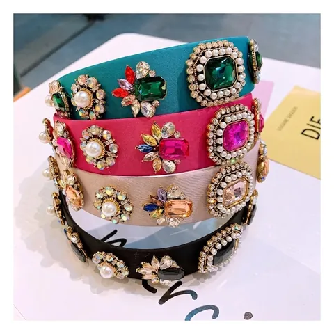 Baroque Wide Headband With Rhinestone Artificial Gemstone Artificial Pearl Satin Fabric Vintage Luxury Hair Accessories For Women