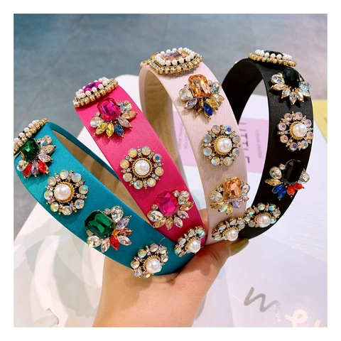 Baroque Wide Headband With Rhinestone Artificial Gemstone Artificial Pearl Satin Fabric Vintage Luxury Hair Accessories For Women