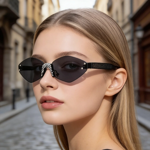 Frameless Diamond Cut Sunglasses For Women Rhinestone Bridge Metal Mesh Temples UV400 Protection Fashion Trendy Shades