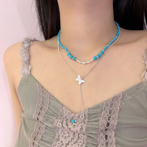 Butterfly Pendant Layered Necklace Turquoise Beads Alloy Silver Plated Tassel Clavicle Chain For Women Fresh Jewelry