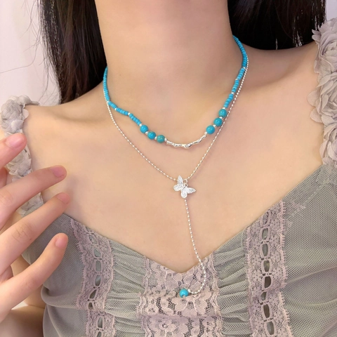Butterfly Pendant Layered Necklace Turquoise Beads Alloy Silver Plated Tassel Clavicle Chain For Women Fresh Jewelry