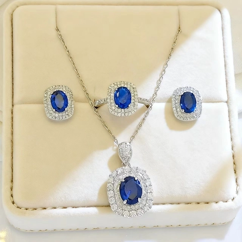 Royal Jewelry Necklace Earrings And Ring Oval Synthetic Sapphire Ruby Emerald Double Halo Copper Gold Plated For Women