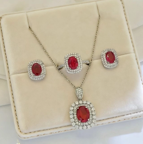 Royal Jewelry Necklace Earrings And Ring Oval Synthetic Sapphire Ruby Emerald Double Halo Copper Gold Plated For Women