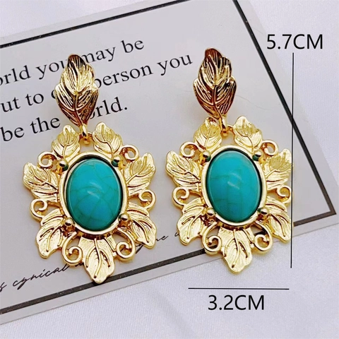 Orecchini Retrò In Lega Stile Corte Con Pietre Turchesi Ovali E Dettagli Foglia Goffrati Eleganti Gioielli Bohemian