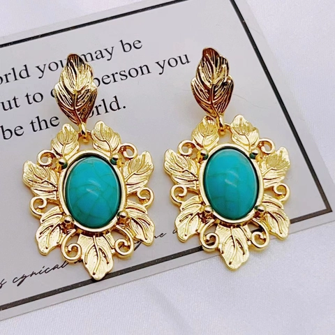 Orecchini Retrò In Lega Stile Corte Con Pietre Turchesi Ovali E Dettagli Foglia Goffrati Eleganti Gioielli Bohemian