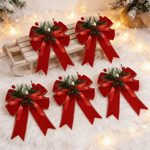 Lazos Decorativos De Navidad Con Piñas Naturales Agujas De Pino Bayas Cuadros Terciopelo Rojo Adornos De Árbol De Fiesta