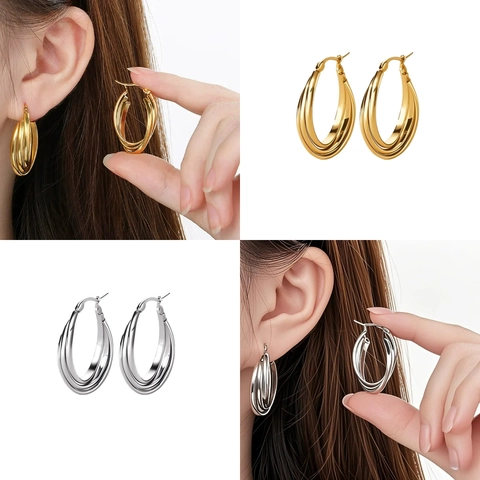 Titanium Stahl Creolen Mehrlagig Geometrisch U-Form C-Form Minimalistisch Nicht Verblassend Schmuck Für Damen