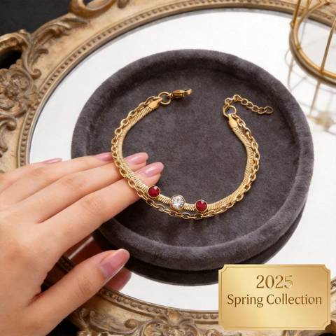 Vintage Stainless Steel Double Layer Heart Pendant Bracelet For Women Gold Plated Rhinestone Inlaid Fashion Jewelry Gift
