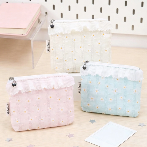 Floral Cosmetic Bag Cotton Polyester Lace Ruffle Heart Zipper Portable Makeup Storage Pouch Fresh Sweet Style