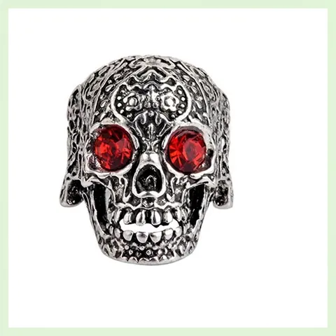 Retro Skull Ring Alloy Intricate Carved Punk Gothic Style Gemstone Eyes Adjustable Finger Accessory Men Fashion