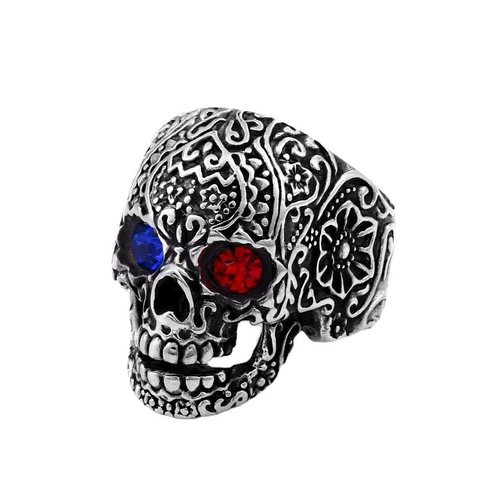 Retro Skull Ring Alloy Intricate Carved Punk Gothic Style Gemstone Eyes Adjustable Finger Accessory Men Fashion