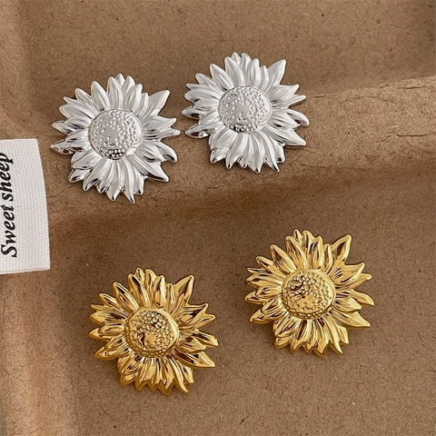 Σκουλαρίκια Ηλίανθος Vintage Γαλλικά 18K Επιχρυσωμένος Χαλκός Σχέδιο Λουλουδιών Με Βάση Από Ασήμι 925 Για Γυναίκες