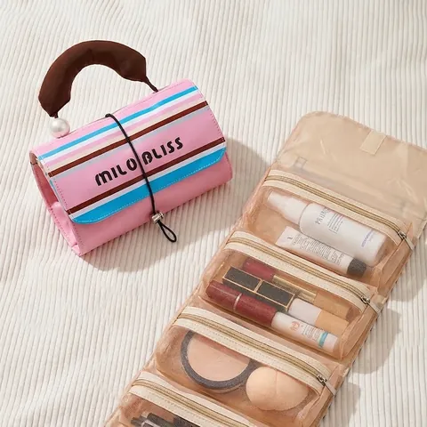 Neceser De Cosméticos A Rayas Color Contrastado Poliéster Gran Capacidad Portátil Viaje Bolsa De Lavado Con Asa De Perla Artificial Almacenamiento Plegable
