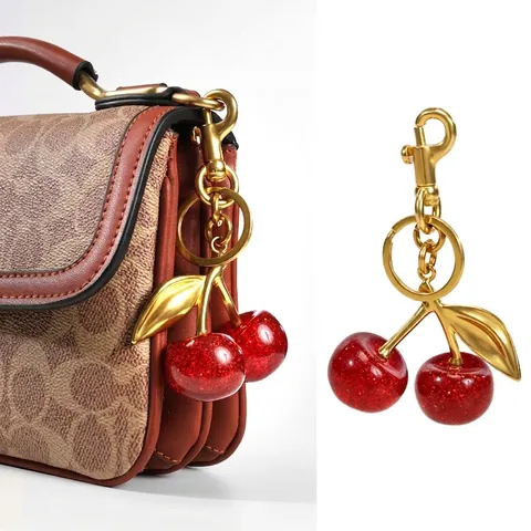 Cherry Keychain Resin Glitter Fruit Bag Pendant With Gold Alloy Leaf Fashion Accessory For Women Handbag