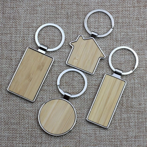 Moderne Zinklegierung Bambus Schlüsselanhänger Metallrahmen Holz Eingelegt Schlüsselring Für Autoschlüssel Büro Promotion Geschenk
