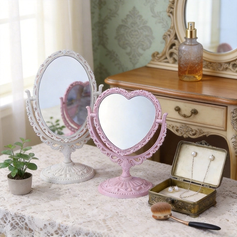 Europäischer Retro Barock Stil Schreibtisch Schminkspiegel Herz Oval Drehbar Relief Kunststoffrahmen Glas Schlafzimmer