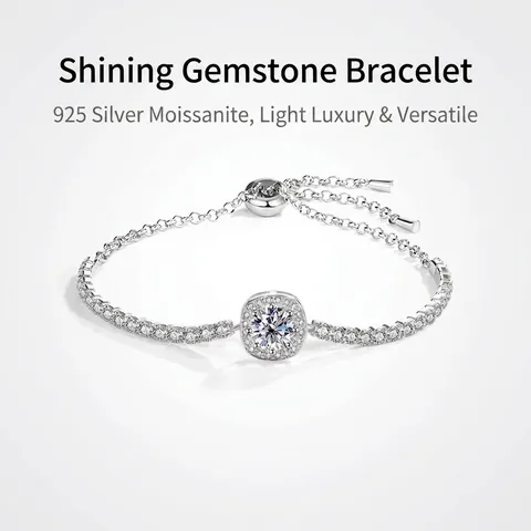 Pulsera de Tenis de Plata de Ley 925 con Moissanita para Mujer Ajustable Halo Cuadrado Circonia Brillante Elegante Joyería de Novia Regalo