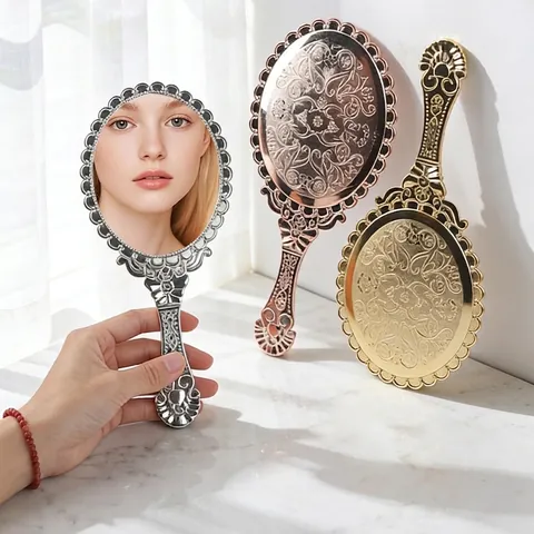 Vintage Handheld Makeup Mirror Baroque Embossed Floral Pattern Portable Electroplated Plastic Vanity Travel Mirror For Women